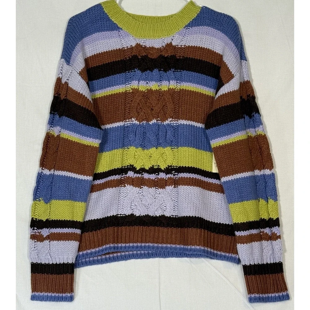 St Johns Bay NWT L Heavy Cable Knit‎ Sweater Womens Multi Color Striped Colorful